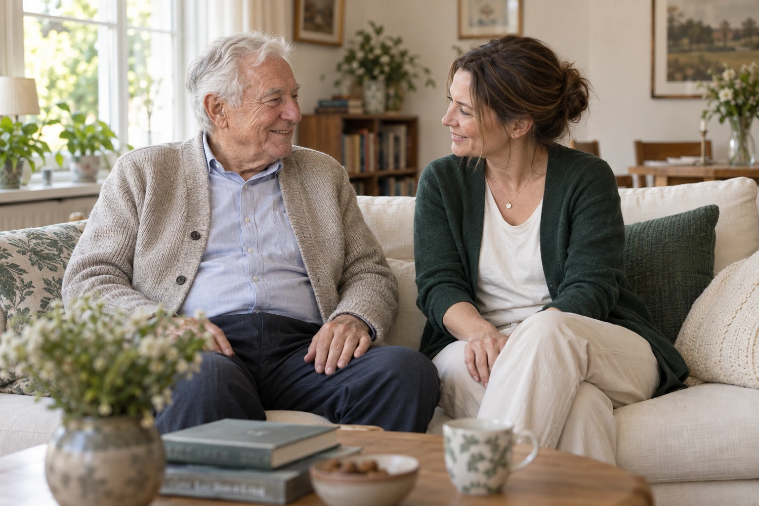 Eine Angehörige und ihr älterer Vater teilen einen entspannten Moment zu Hause.